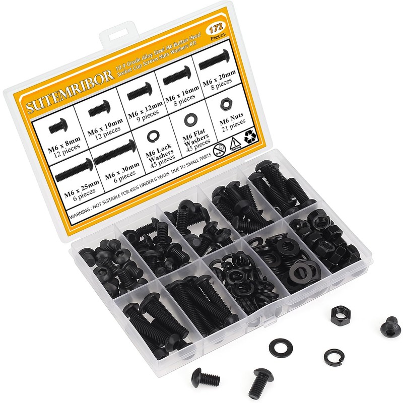 172 Pieces M6 Screws Nuts Washers Set Black, Sutemribor M6