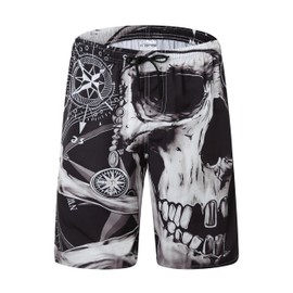Mens Swim Trunks Swimsuits, Black White Skull Compass Board Shorts Men's Swimwear Bathing Suit with Mesh Lining, Funny Hawaii Quick Dry Beach Shorts for Men Swimming Trunks, XX-Large