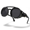 MUDIWRLO Polarized Round Steampunk Sunglasses with Leather Side Double Bridge