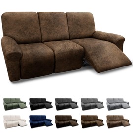 Pfrstuv Couch Cover 8-Pieces Sofa Covers Washable Recliner Sofa Covers 3 Seater Leather Look Recliner Slipcovers with Pockets Spandex Fabric Furniture Covers(Recliner Sofa, Brown)