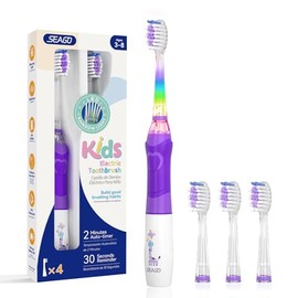 SEAGO - Cepillo de dientes eléctrico para niños con temporizador de cepillado de 2 minutos y 4 cabezales de repuesto Bursh, luz LED arcoíris que hace que el cepillado sea divertido, cepillo de dientes