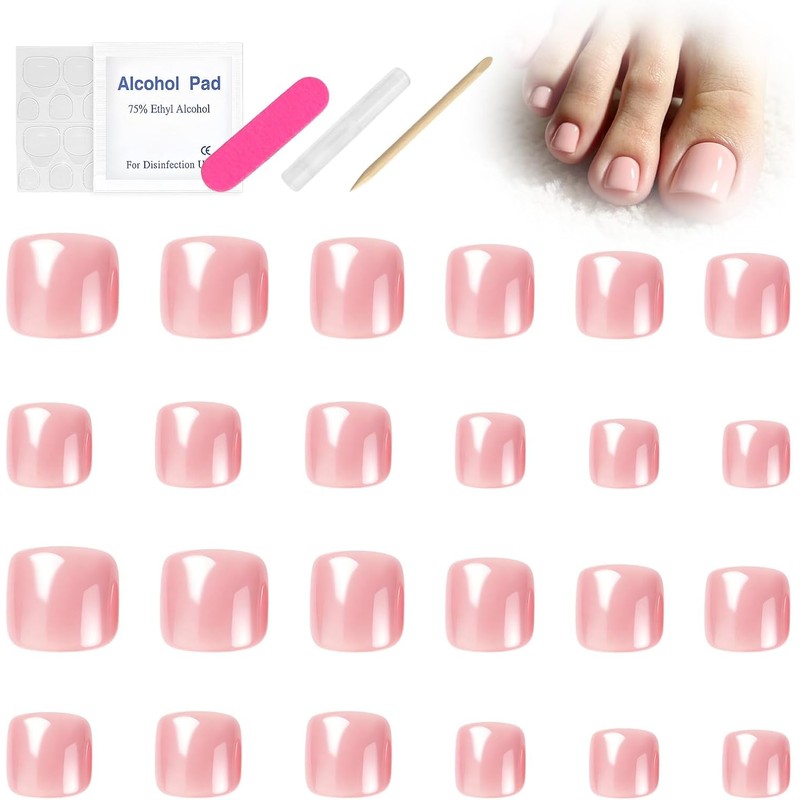 24Pcs Uñas Postizas para Pies, Uñas Press On Cortas Francesas