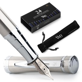 Wordsworth & Black Fountain Pen Set, Medium Nib, Includes 24 Pack Ink Cartridges, Ink Refill Converter & Gift Pouch, Chrome Finish, Calligraphy, [Silver Chrome], Perfect for Men & Women