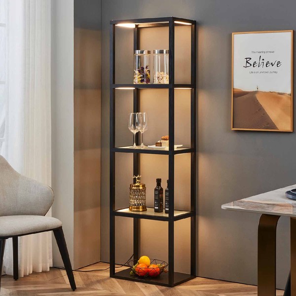 FENLO Fantasy Plus 66" Luxury Glass Display Shelf with Dimmable LED Floor Lamps, Sturdy Curio Cabinet with Bookcase Display Shelves for Bedroom, Open Bookshelf, Black