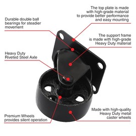 FactorDuty 4 All Black Metal Swivel Plate Caster Wheels w/Brake Lock Heavy Duty High-Gauge Steel (3" Combo)