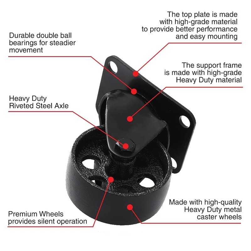FactorDuty 4 All Black Metal Swivel Plate Caster Wheels w/Brake