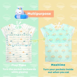 Little Dimsum 2 Pcs Baby Food Bibs Short Sleeves Feeding Bibs Waterproof Baby Bibs Toddler Bibs Apron Smock with Top Pocket Bag for Babies/Toddlers/Infants(turtle&sun)
