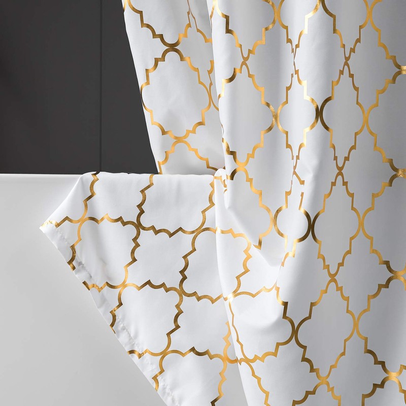 FINECITY White Shower Curtain Gold Moroccan Pattern with 12 Hooks