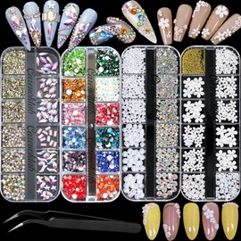 Careuoklab 4 Boxes Mixed Glass Crystals of Flatback Rhinestones Colorful 3D Nail Art Multi Colors Sizes Pearls Flower Stones Gems for Nails Crafts and DIY Decoration