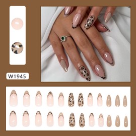 Leopard French Tip Press on Nails Almond Medium Long Leopard Print Fake Nails with Brown False Nails Long Stiletto Summer Nail Glue on Nails Glossy Full Cover Stick on Nails for Women Nail Décor