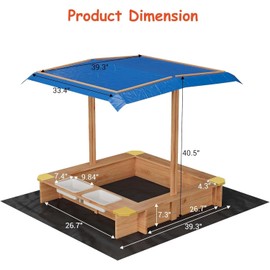 Outdoor Wooden Sandbox Large with 2 Plastic Boxes Outdoor Play Equipment, UV-Resistant & Adjustable Height Roof for Beach