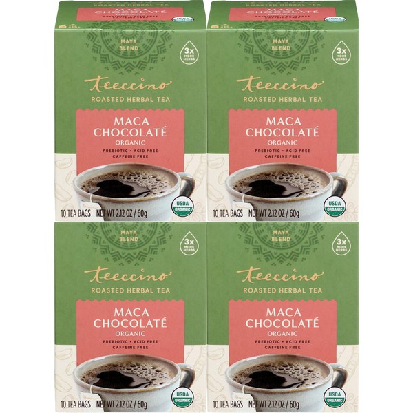 Teeccino Maca Chocolaté Té de hierbas tostadas de achicoria orgánica, sin cafeína, sin ácidos, sustituto de café, prebiótico, 10 bolsas de té (paquete de 4)