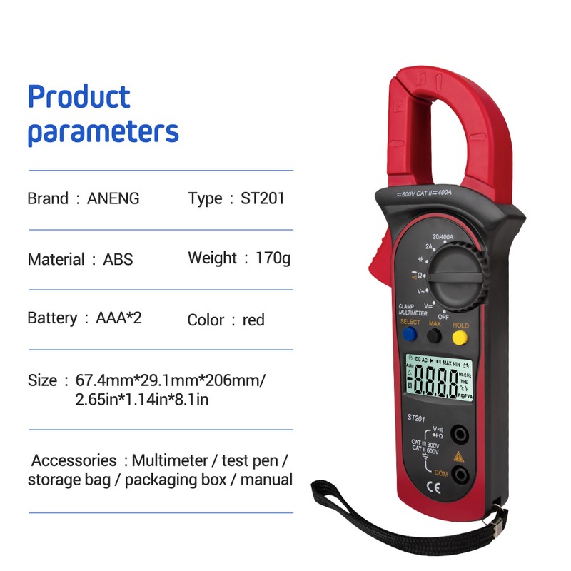 ANENG ST201 Digital Clamp Multimeter 4000 Counts Clamp Ammeters Transistor