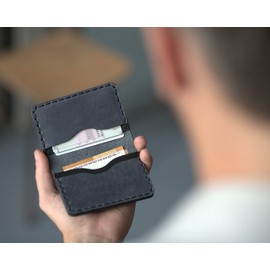 Grey and Black Leather ID Card Holder Wallet, Durable Storage of ID, Credit Cards and Banknotes, Card Holder, Leather Wallet, Wallet