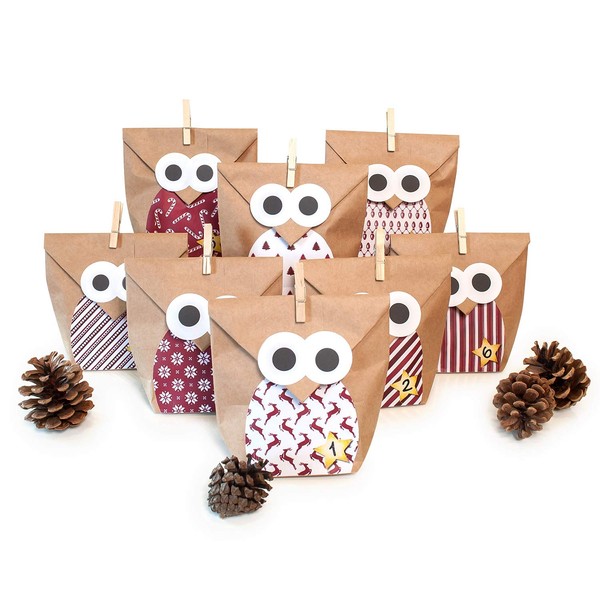 Advent Calendar for Filling Owl Red 24 Kraft Paper Bags Gift Bags Christmas Calendar DIY Craft Set Including Stickers, Clips pajoma