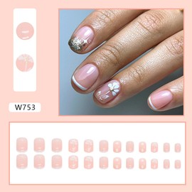 White French Tip Press on Nails,Short Square Fake Nails,Flower Glitter Design False Nails,Glossy Full Cover Stick on Nails,Reusable Acrylic Artificial Nails with Glue on Nails,Women DIY Charm Manicure