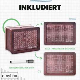 emybox® Money Box (with 3 Targets) - Wooden Money Box with Numbers to Check with Target (€1000, €2000, €3000) and Pen. 18 x 13 x 7 cm