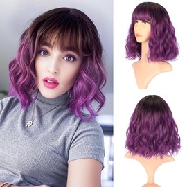 Purple Wig With Bangs Short Bob Synthetic Cosplay Wig for women Costume Wigs (12" Ombre Dark Purple Color)