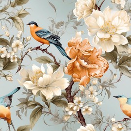 VEELIKE Vintage Blue Floral Wallpaper Peel and Stick Chinoiserie Bird Wallpaper Prepasted Blue Floral Contact Paper for Cabinets Drawers 17.7''x118'' Removable Renter Friendly Flower Wall Mural