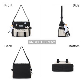 Jywmsc Cute Shoulder Bag for Teen Girls and Women, Kawaii Shoulder Bag with Pins and Stuffed Pendant as Gift, black