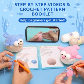 CROCHETTA Kit de ganchillo para principiantes, kit de inicio de ganchillo para principiantes con tutoriales en video paso a paso, kits de aprender a ganchillo para adultos y niños, suministros de tejer bricolaje, paquete de 2 pez globo (40% más hilo)
