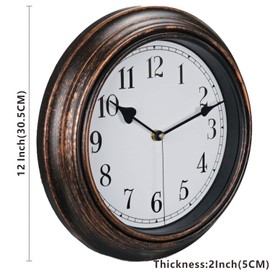 DIYZON Retro Wall Clock, 12'' Vintage Silent Non Ticking Classic Clocks, Easy to Read, Quality Quartz Clock Battery Operated, Decorative Bedroom, Kitchen, Office