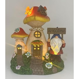 Json Solar Garden Statue Lights Mushroom Fairy House Figurine, Outdoor Memorial Garden Ornaments Waterproof Decoration for Outside Patio Yard Lawn Decor
