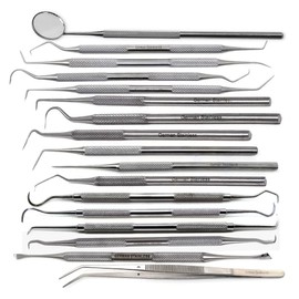 Dental Tools Professional Teeth Care Oral Hygiene Kit Made of Stainless Steel Plaque Calculus Remover Tartar Scraper Mirror Tweezers Probes Scalers Pack of 17 Pcs with Knurled Handles