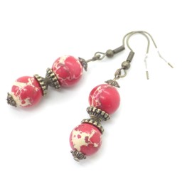 Set of Earrings and Necklace in Bronze with Pendant of Red Imperial Jasper Beads and Tibetan Beads