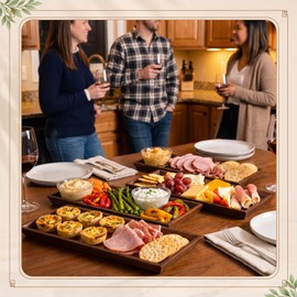 Rtteri Wooden Acacia Serving Platter Set of 4, 13.8 x 5.9 Inch Rectangular Trays for Charcuterie Board Sushi Appetizers, Natural Wood Plates for Entertaining, Black Halloween Serving Table Plate