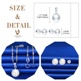 CPSLOVE Pearl Necklace and Earrings for womens and girls, 925 sterling silver jewelry set, Elegant Pearl necklace pendant, with 45cm chain, Pearl earrings studs, white