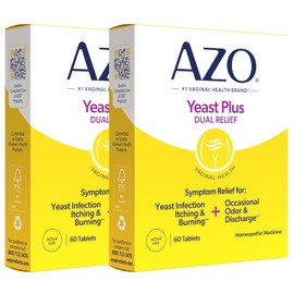 AZO Yeast Plus Dual Homeopathic Yeast Infection Symptom Relief for Women–Vaginal Itching & Burning + Odor & Discharge, Intimate Health Tablets, 2 Pack (60 Count x2), from the #1 Vaginal Health Brand!