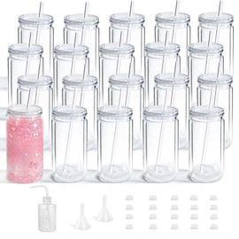 YOUKE OLA 20 Pack Acrylic Snowglobe Tumbler Pre-Drilled Double Wall Plastic Clear Cup for Glitter Snow Globe with Clear Lid & Straws Including DIY Kit 16oz