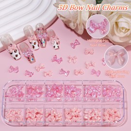 5 Boxes 3D Nail Charms Set,24Pcs Y2k Alloy Nail Art Rhinestone Charms 3D Bow Flower Crown Heart Star with Tweezers and Dual-end Brush for Manicure Salon DIY Crafts,Face Makeup Gems Jewels (Pink)