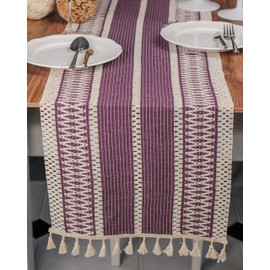 Knitted Tasseled Table Runner, Organic Cotton, Many Colours, Green, Beige, Brown, Grey, Linnen 35cm x 145cm (Lilac)