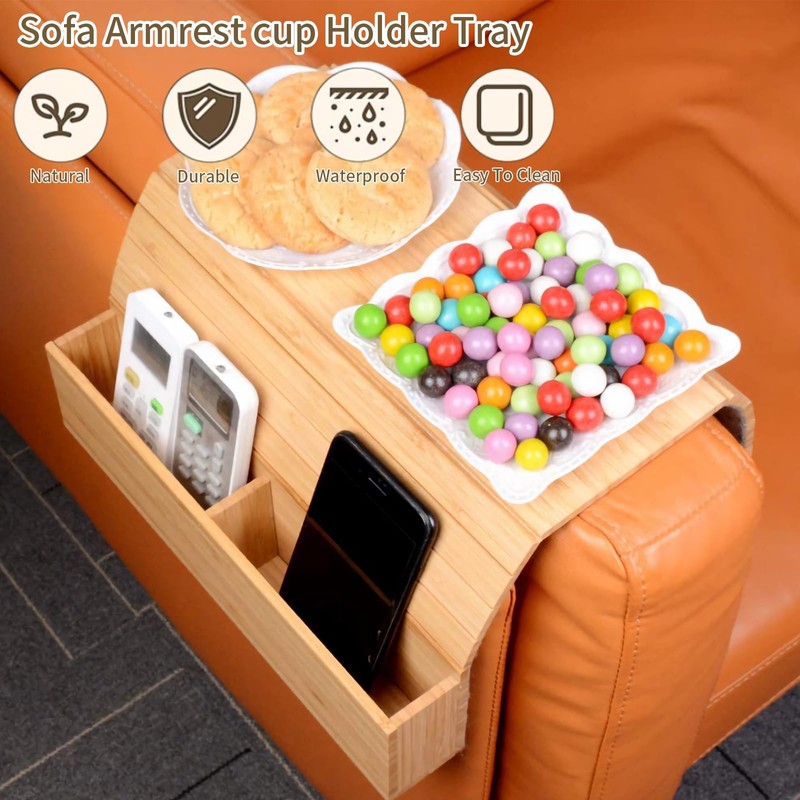 Sofa Tray Armrest, Sofa Shelf with 2 Coasters, Wooden Sofa