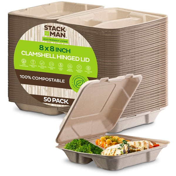 100% Compostable Clamshell Take Out Food Containers [8X8" 3-Compartment 50-Pack] Heavy-Duty Quality to go Containers, Natural Disposable Bagasse, Eco-Friendly Biodegradable Made of Sugar Cane Fibers