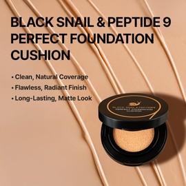 Farmstay Black Snail & Peptide 9 Perfect Cushion Foundation | Full Coverage, Lightweight, Skin-Fit, Smooth Radiant Finish, Korean Cushion Foundation (#21 Light Beige, 0.53 Fl Oz)