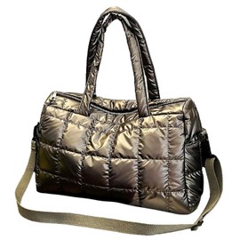 a-fua Women's Quilted Bag, Glossy, Nylon, Boston, Cross-body Shoulder Strap, Horizontal, Lightweight, Compact, Down, Commuting to Work, champagne gold