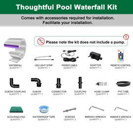 LONGRUN J-Shaped Waterfall Spillway Stainless Steel Swimming Pool Fountain with Color Changing LED Light, Outdoor Pond Waterfalls Kit for Garden Patio Swimming Pool Koi Ponds Decoration -13.6" Height