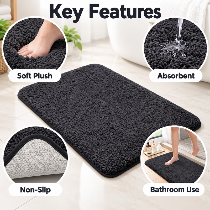Long-Hair Furry Bathroom Mat, Absorbent Plush Shower Floor Rug, Soft