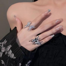 Zeshimb Gothic Butterfly Rings for Women Cute Silver Butterfly Statement Rings Black Crystal Butterfly Adjustable Open Band Rings Jewel Rings Costume Party Gifts