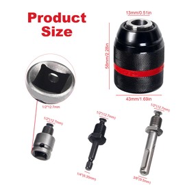 Keyless Drill Chuck for Milwaukee, 1/2-20UNF Mount 1.5-13mm Self-tighten Drill Chuck for Hand Drill Impact Driver, with 3/8" SDS-Plus Shank 1/2" Impact Wrench Adapter 1/4" Hex Shank