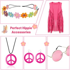 FunMular 60s 70s Outfits for Women Hippie Costume Set Peace Sign Earring Headband Fringe Vest Tassel Cardigan (Pink, 3XL)