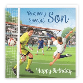 Hunts England - Son Football Fun Birthday Card - Milo's Gallery - Footy Birthday Card For Son - Birthday Card For Footie Fan Son - For Boys, Men, Kids, Adults