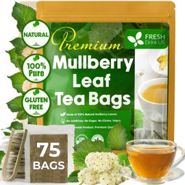 FreshDrinkUS, Premium 75 Mulberry Leaf Tea Bags, 100% Natural & Pure from Mulberry Leaves. Loose Leaf Herbal Tea. Made with Natural Material Tea Bags. No Sugar, No Caffeine, No Gluten, Vegan.