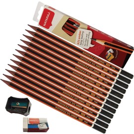 NATARAJ 621 Amber 12 x HB Wood Premium Pencils Eraser Sharpener + 2 x iZOFAX Smooth BLACK Ball Pens
