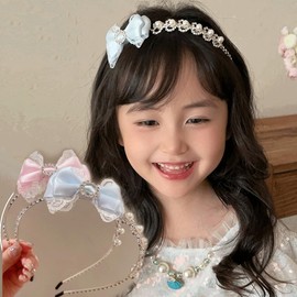 VIISEN Girls Bowknot Pearl Bow Headband Princess Style Cute Princess Hair Accessories for Birthday Photography Party (A-Blue)