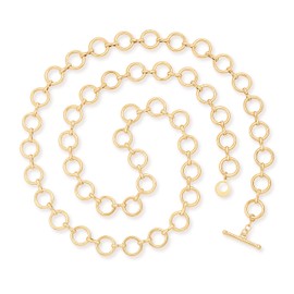 Aobei Pearl 18K Gold Long Chain Necklace for Women Chunky Hollow Round Chain Link Necklace Adjustable Geometric Layering Jewelry 33.5”