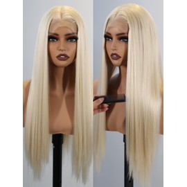 topshe Platinum Blonde Lace Front Wigs for Women,13x4 HD Lace Long Straight Heat Resistant Synthetic Wig with Pre Plucked Natural Hairline Cosplay or Party Use 22 Inch